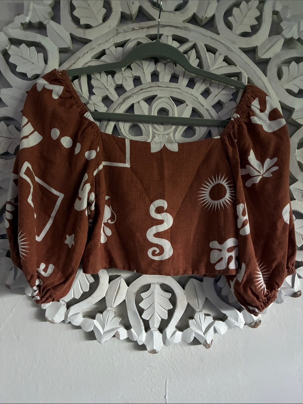 Paper Heart Rust Brown Printed Off-Shoulder Crop Top with Puff Sleeves